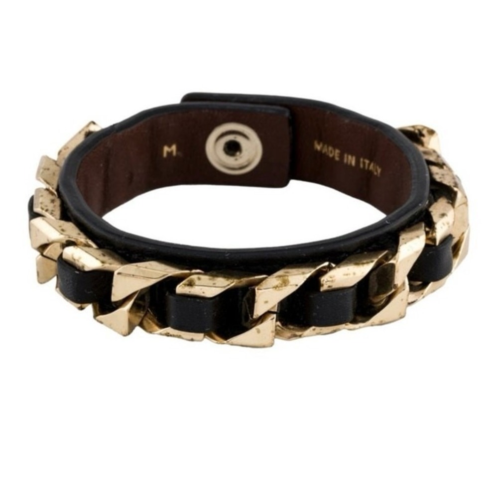 Givenchy Gold Tone Chain‎ Link Black Leather Wrap Snap Bracelet Sz M 
Italy